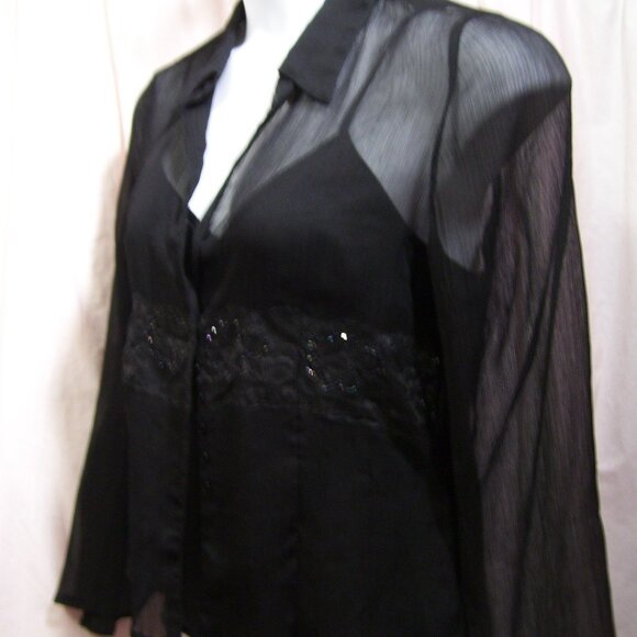 Gloria Vanderbilt Rich Black Sheer Blouse Set With Camisole Accent Bling Beads - Picture 3 of 10